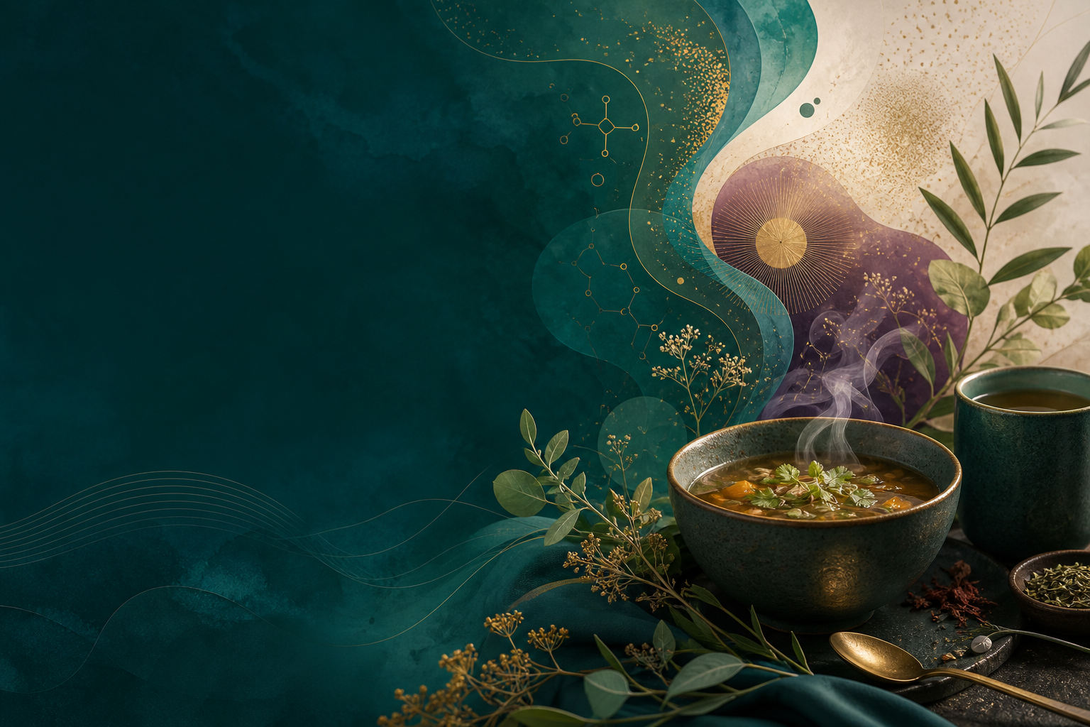 Abstract teal wellness composition with warm tea, botanicals, and flowing metabolic forms
